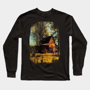 watercolor landscape Autumn western country farmhouse red barn Long Sleeve T-Shirt